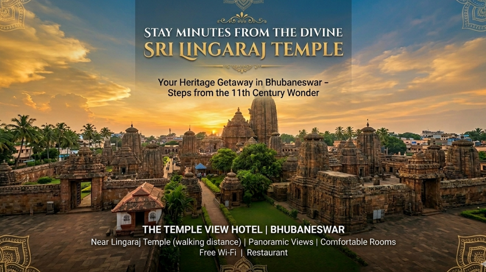 Sri Lingaraj Temple with sunset and promotional text overlay